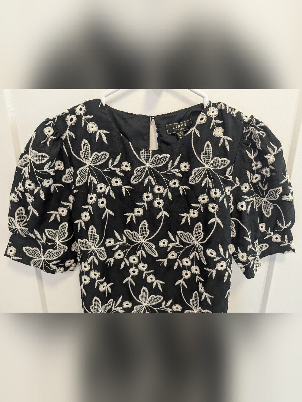Lipsy London Black & White Embroidered Puff Sleeve Mini Dress - Picture 3 of 9